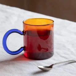 Graham & Green Glassware|Tableware<Amber Glass Mug with Blue Handle