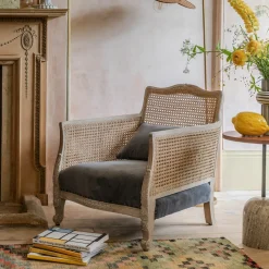 Graham & Green Armchairs<Baylor Grey Velvet and Cane Armchair