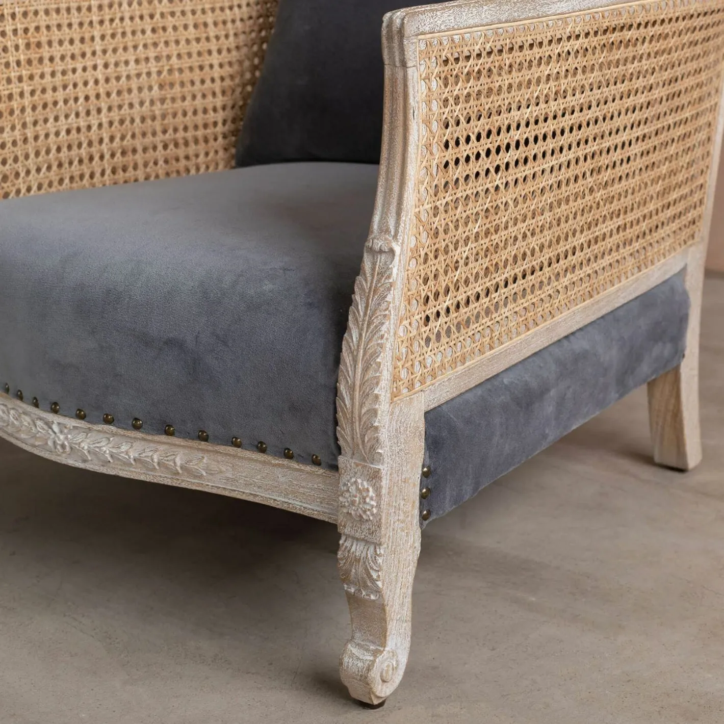 Graham & Green Armchairs<Baylor Grey Velvet and Cane Armchair