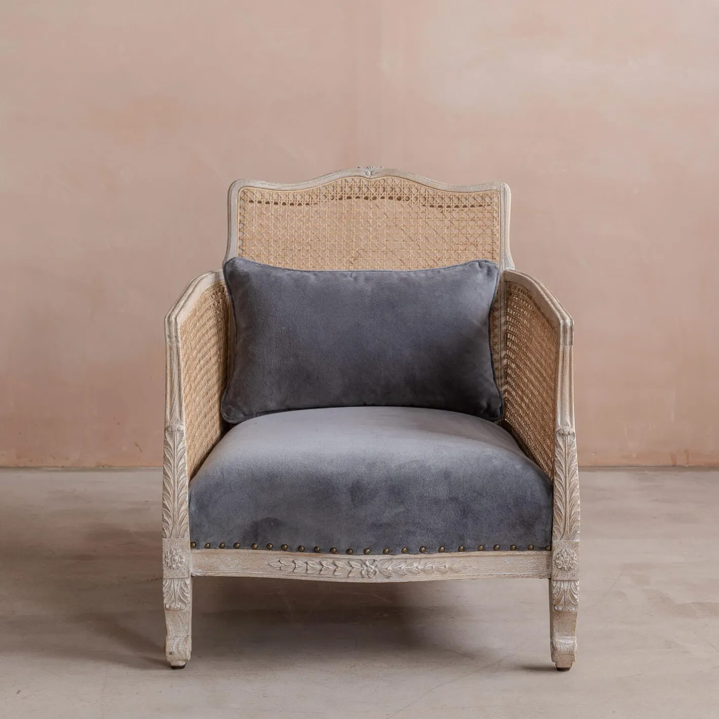 Graham & Green Armchairs<Baylor Grey Velvet and Cane Armchair