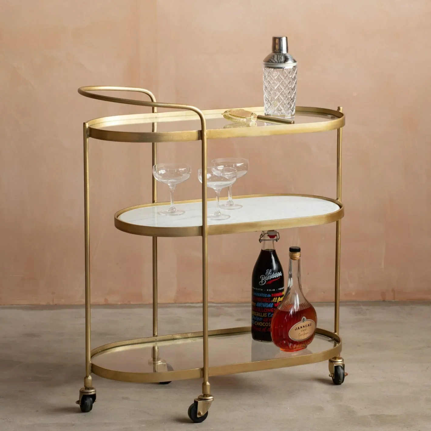 Graham & Green Drinks Trolleys & Bars<Beau Drinks Trolley with White Marble and Glass Shelves