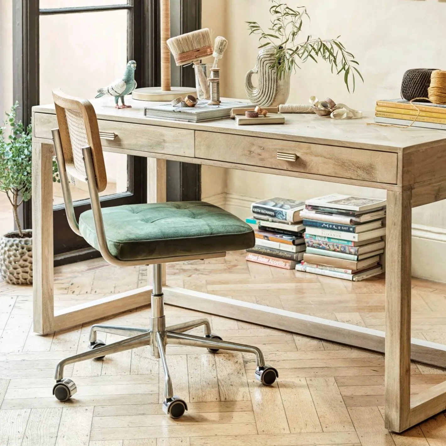 Graham & Green Desk Chairs<Bilbury Moss Green Velvet and Rattan Desk Chair