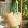 Graham & Green Bags<Blue Leather and Natural Woven Palm Shopper Bag