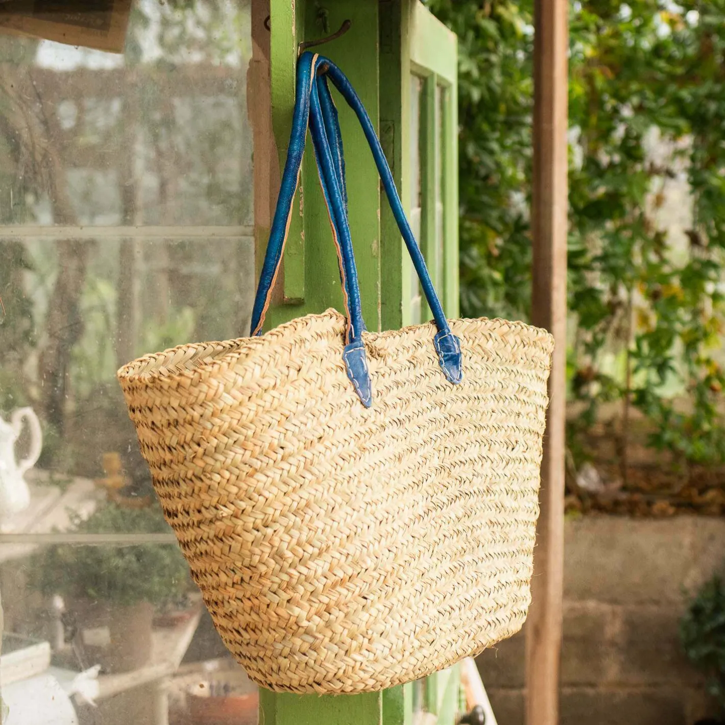Graham & Green Bags<Blue Leather and Natural Woven Palm Shopper Bag