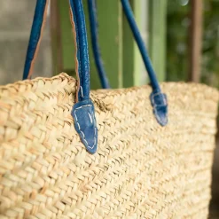 Graham & Green Bags<Blue Leather and Natural Woven Palm Shopper Bag