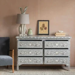 Graham & Green Chests Of Drawers|Chests Of Drawers<Classic Grey Mother of Pearl Small Double Chest of Drawers