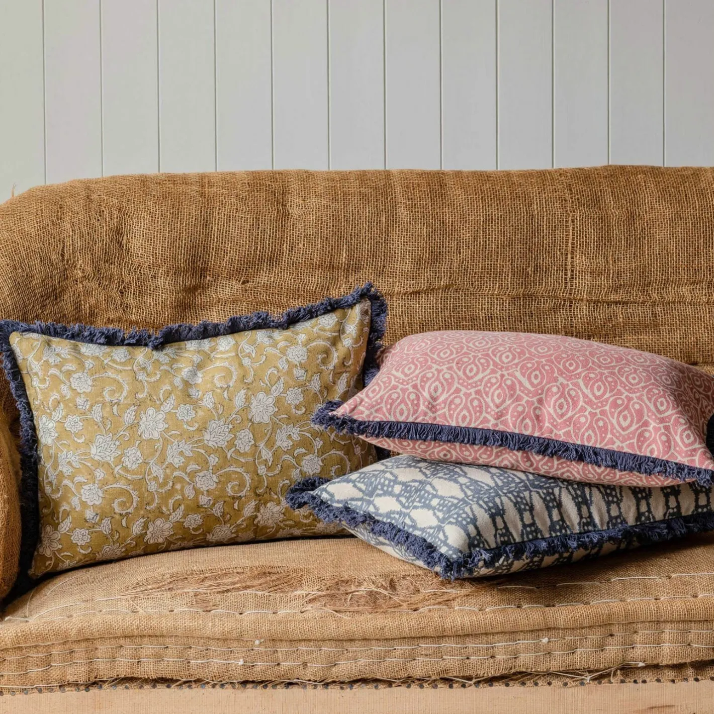 Graham & Green Sofa Cushions|Cushions<Cotton Block Printed Rectangular Cushions with tassel trim