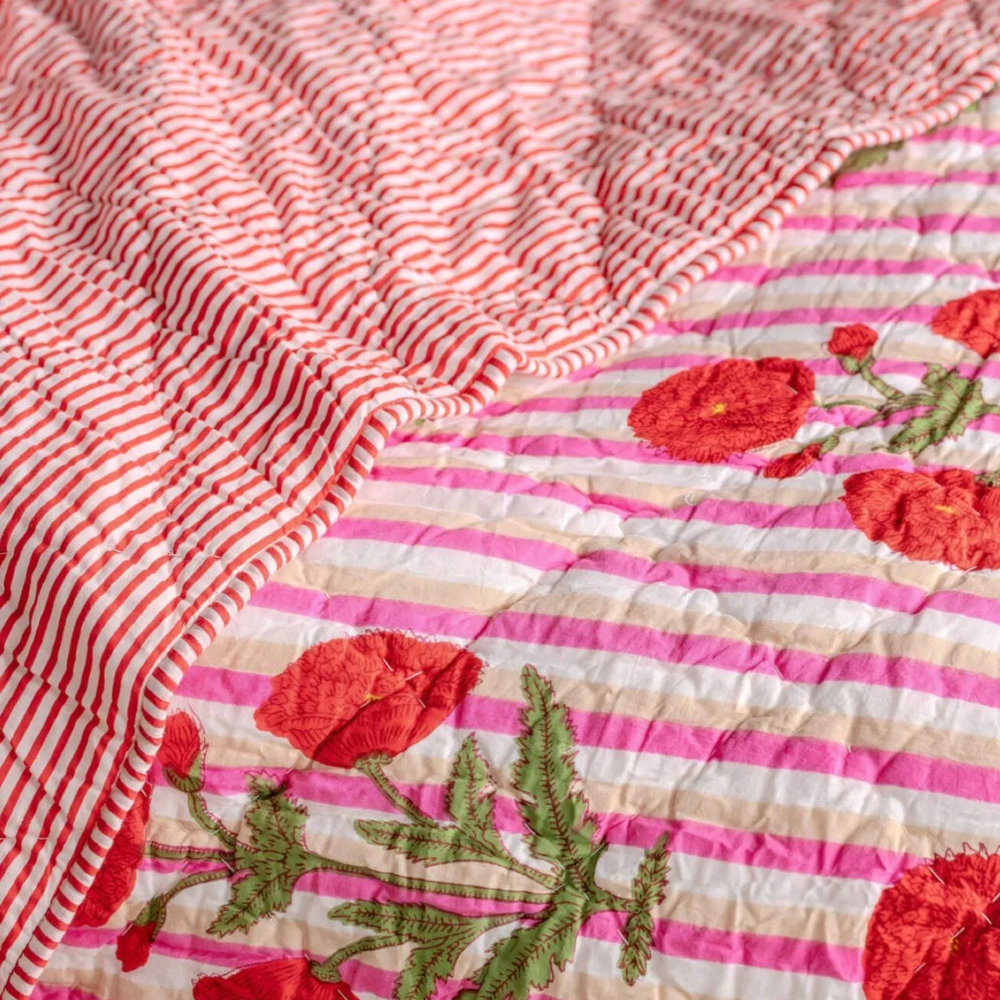 Graham & Green Quilts & Bedding<Floral and Pink Stripe Reversible King Size Quilt