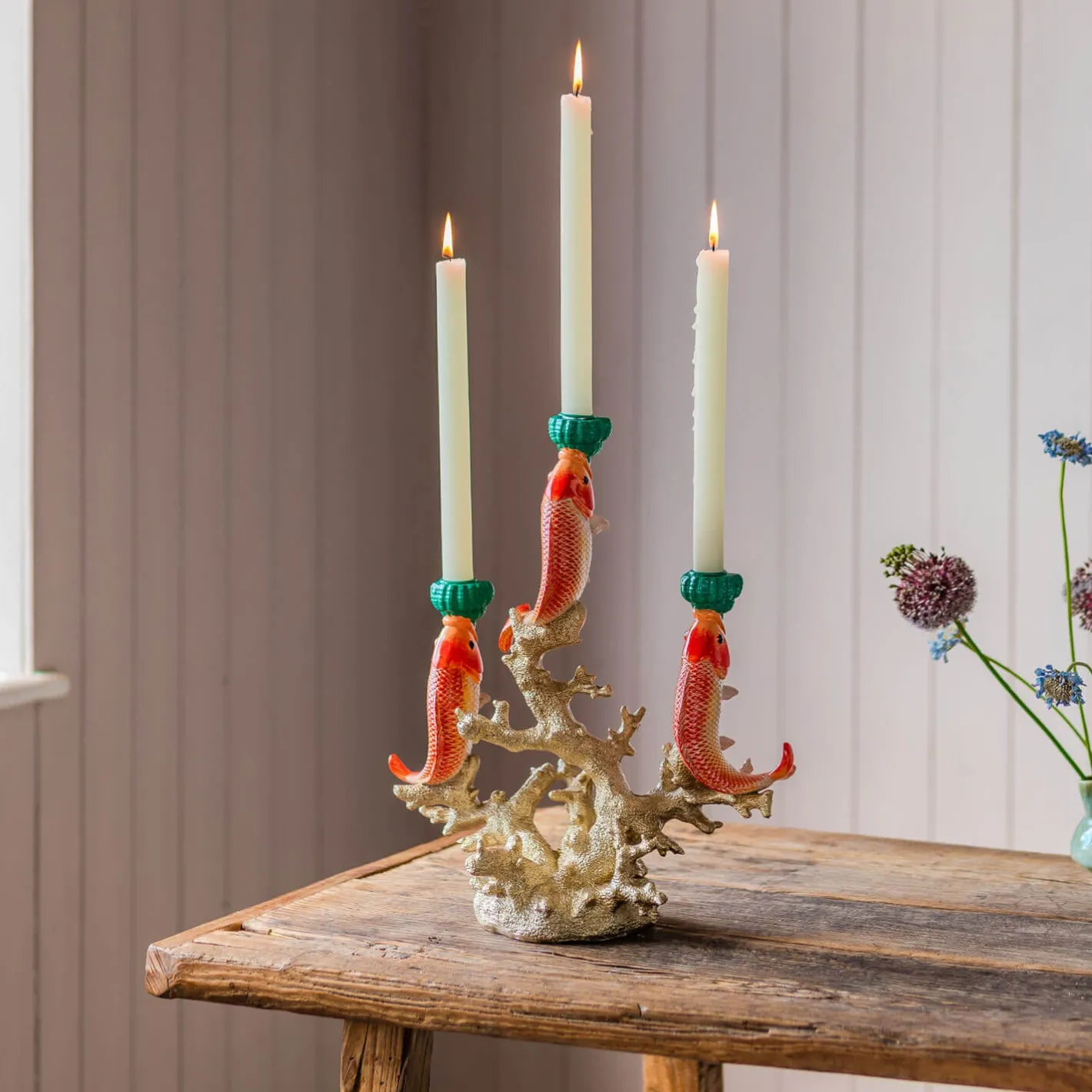 Graham & Green Candle Holders & Candles<Goldfish on Coral Ceramic Candleabra