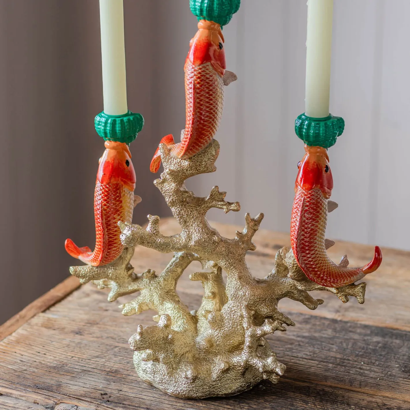 Graham & Green Candle Holders & Candles<Goldfish on Coral Ceramic Candleabra