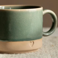 Graham & Green Tableware<Green and Brown Stoneware Mug with Heart Detail