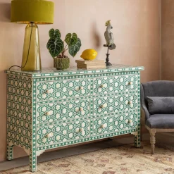 Graham & Green Chests Of Drawers|Chests Of Drawers<Jade Green Floral Bone Inlay Small Double Chest of Drawers