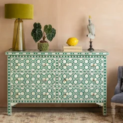 Graham & Green Chests Of Drawers|Chests Of Drawers<Jade Green Floral Bone Inlay Small Double Chest of Drawers