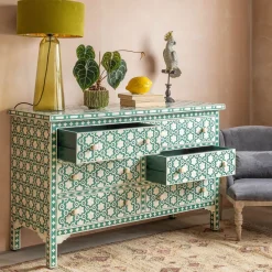 Graham & Green Chests Of Drawers|Chests Of Drawers<Jade Green Floral Bone Inlay Small Double Chest of Drawers