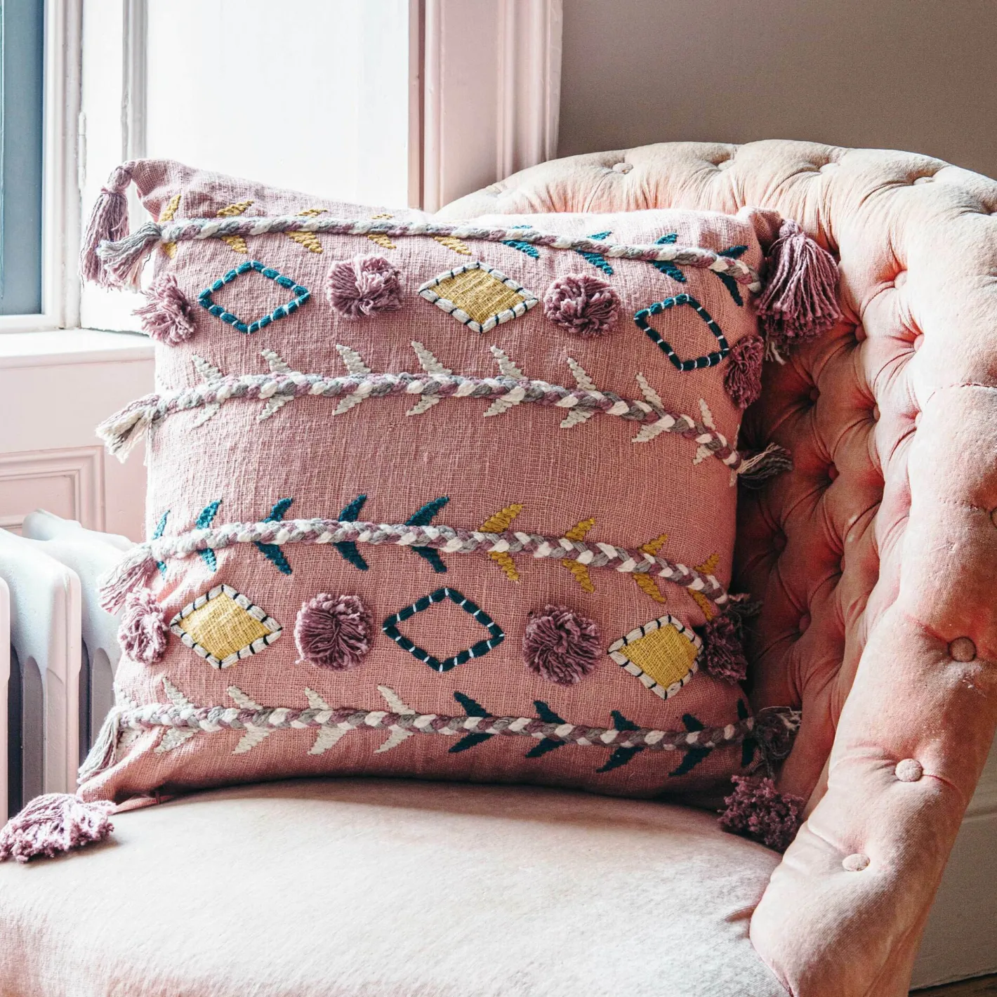 Graham & Green Sofa Cushions|Cushions<Jaz Three Stripe Square Cushion with Pom Poms