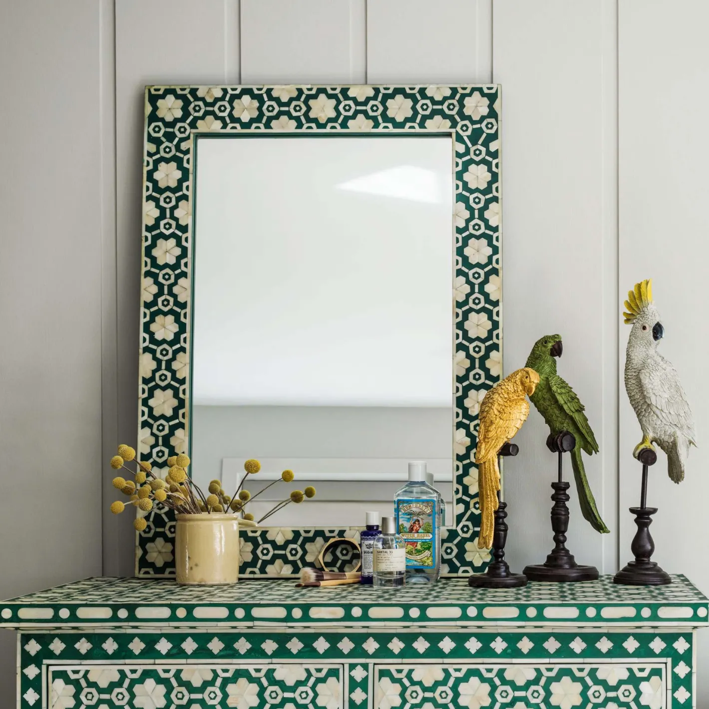 Graham & Green Rectangular Mirrors|Wall Mirrors<Large Jade Green Floral Bone Inlay Mirror