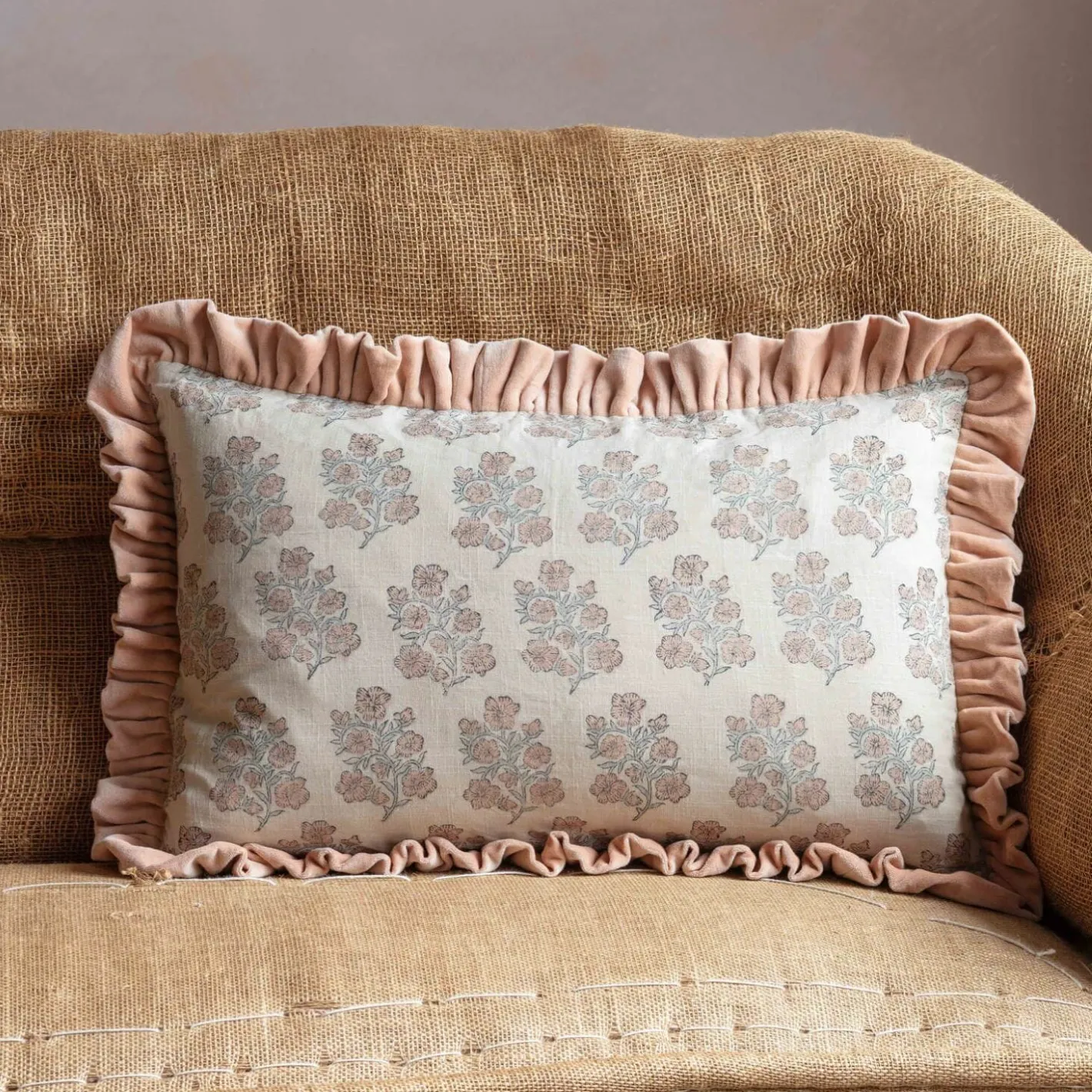 Graham & Green Sofa Cushions|Cushions<Large Rectangular Velvet Frill Block Printed Cushions