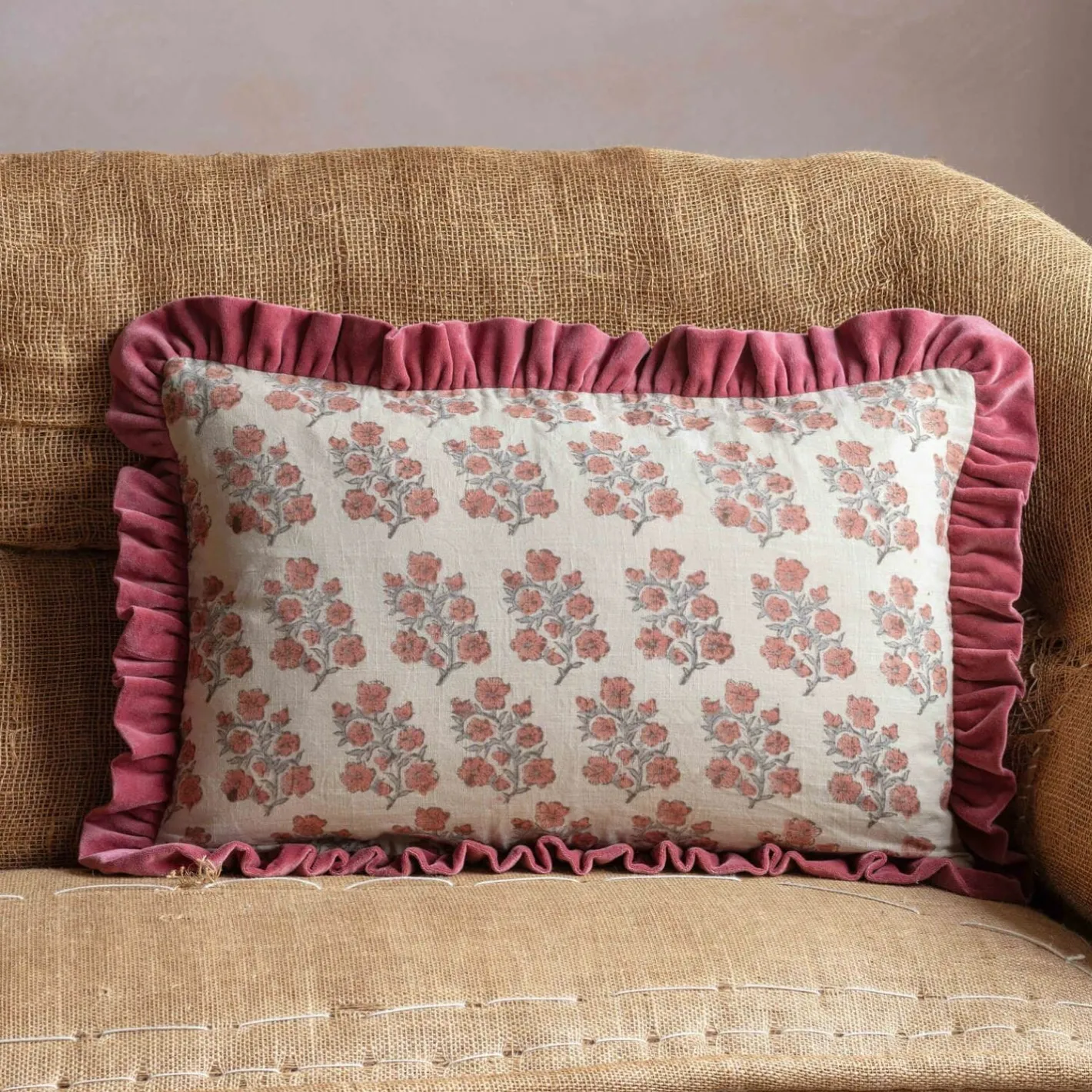 Graham & Green Sofa Cushions|Cushions<Large Rectangular Velvet Frill Block Printed Cushions