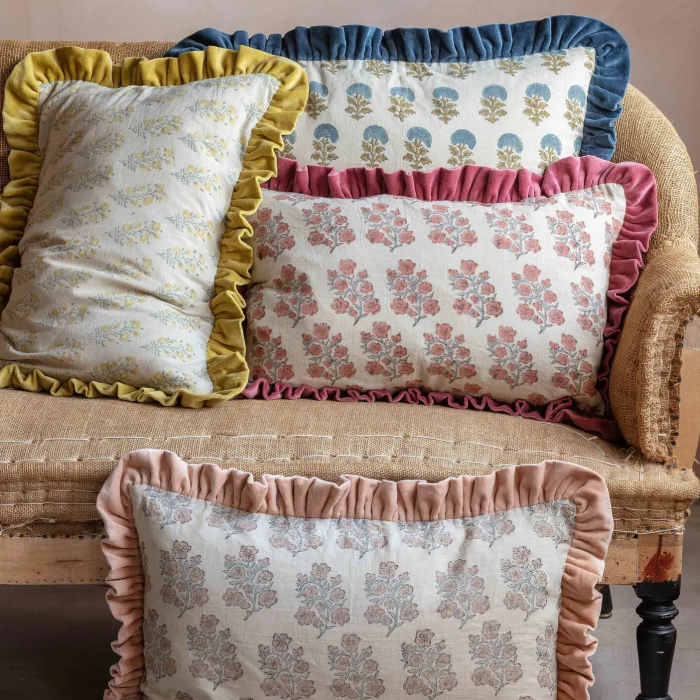 Graham & Green Sofa Cushions|Cushions<Large Rectangular Velvet Frill Block Printed Cushions
