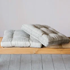 Graham & Green Seat Pads & Bed Rolls|Seat Pads & Bed Rolls<Natural Linen Square Seat Pad with Striped Linen Border