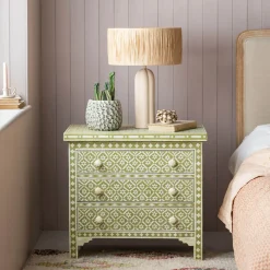 Graham & Green Chests Of Drawers|Chests Of Drawers<Olive Floral Bone Inlay Large Bedside Table