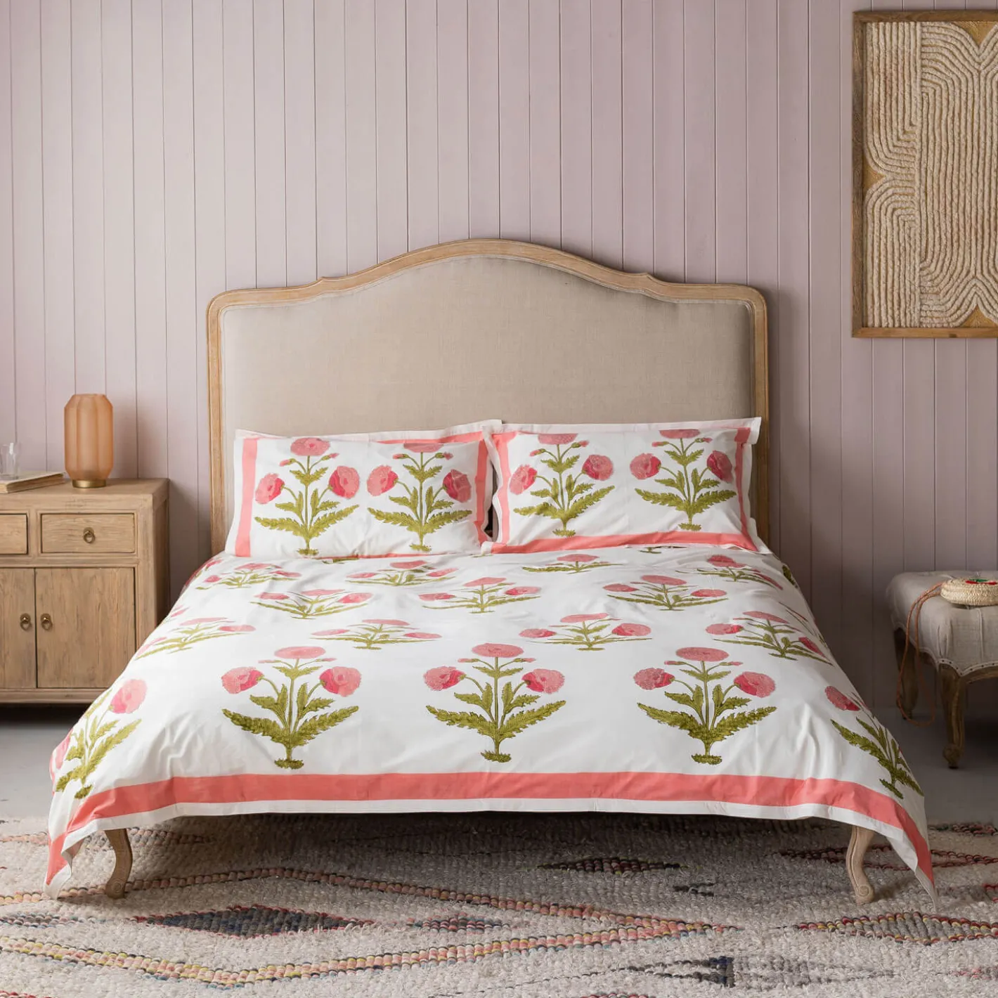 Graham & Green Quilts & Bedding<Pink Pavot Flower Block Printed King Size Duvet Cover Set