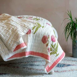 Graham & Green Quilts & Bedding<Pink Pavot Flower Block Printed King Size Quilt