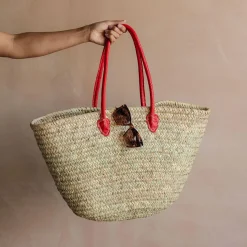 Graham & Green Bags<Red Leather and Natural Woven Palm Shopper Bag