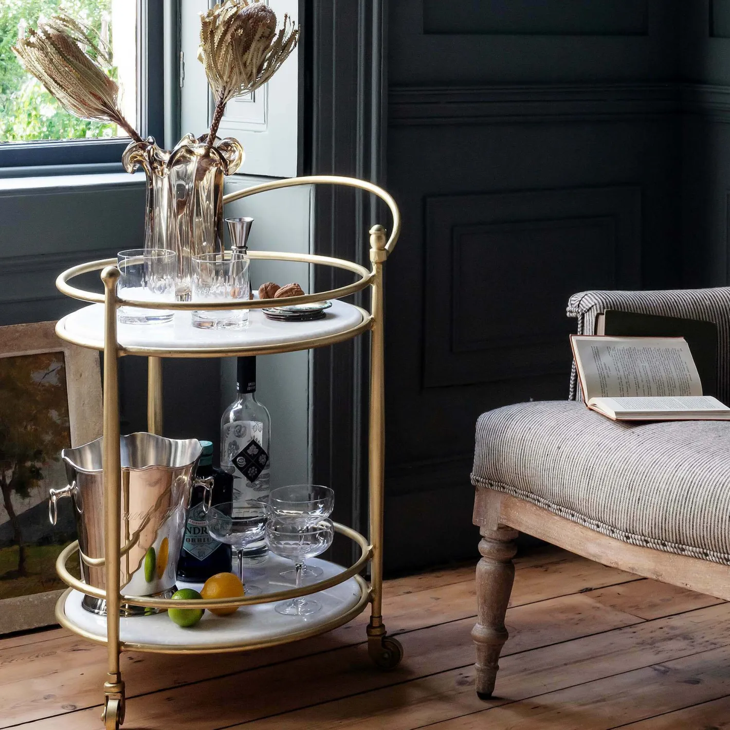 Graham & Green Drinks Trolleys & Bars<Round Drinks Trolley with Marble Shelves