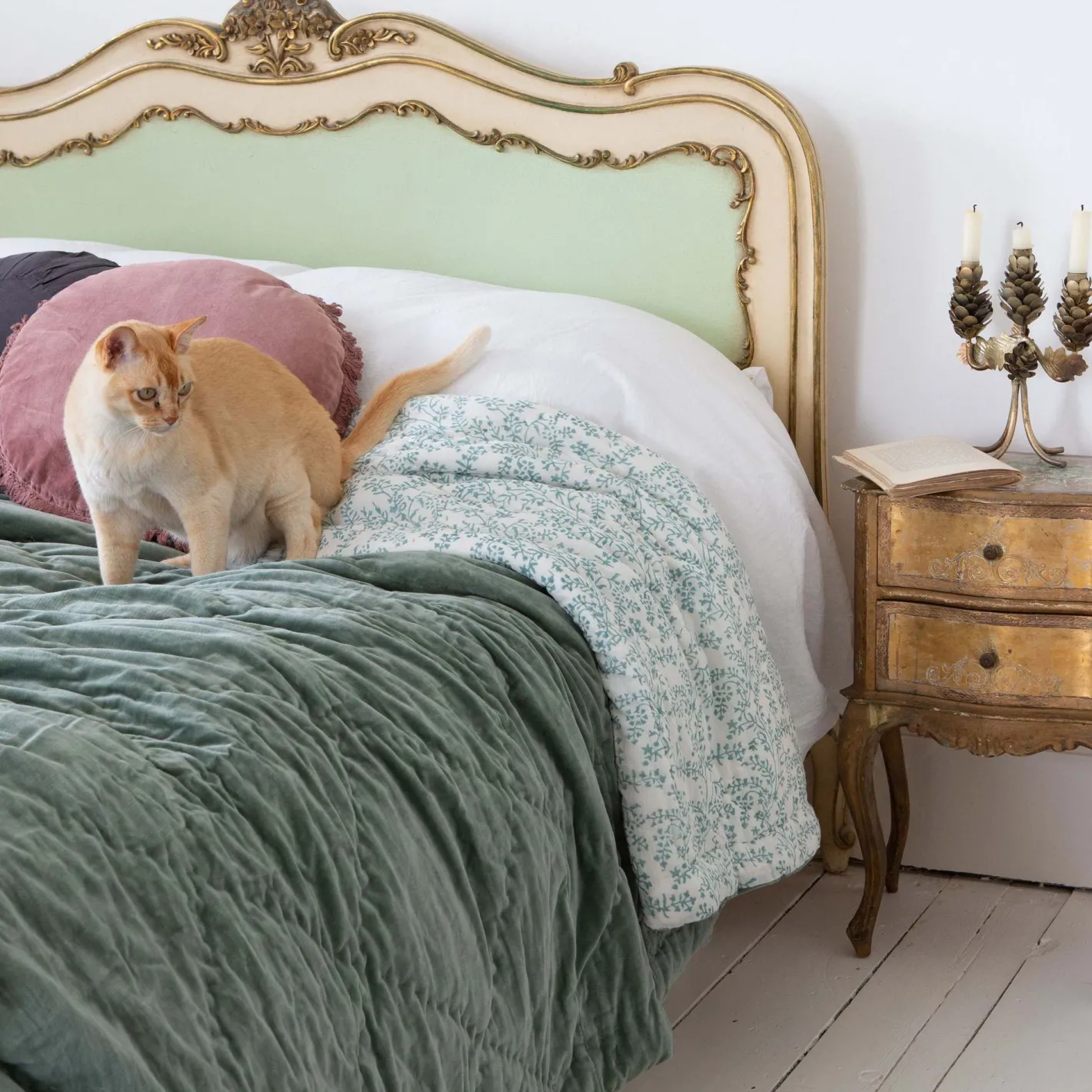 Graham & Green Quilts & Bedding<Sage Green Velvet Quilts with Printed Reverse
