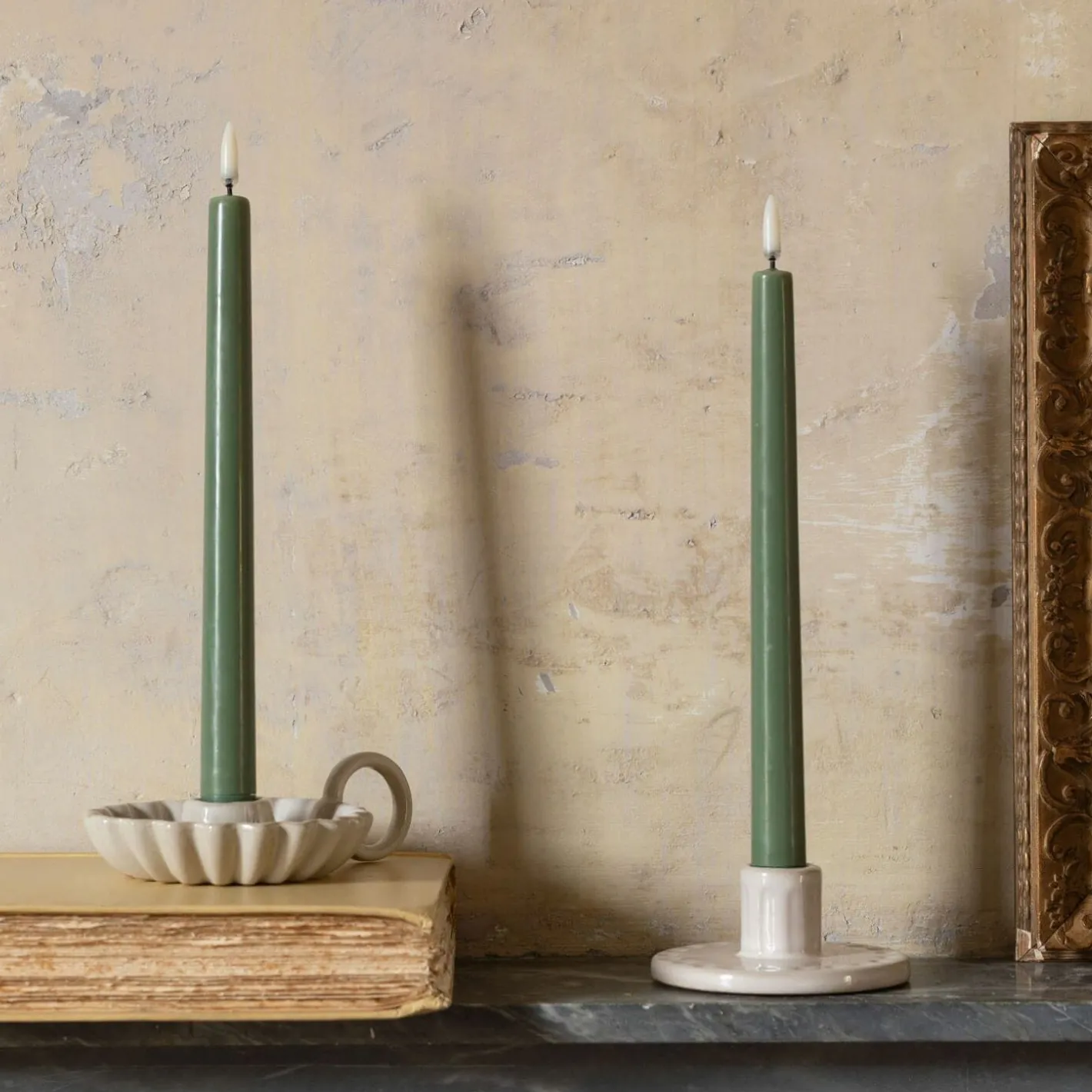 Graham & Green Led Candles|Led Candles<Set of Two LED Taper Candles Olive Green