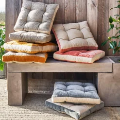 Graham & Green Seat Pads & Bed Rolls|Seat Pads & Bed Rolls<Striped Linen Square Seat Pad with Linen Border