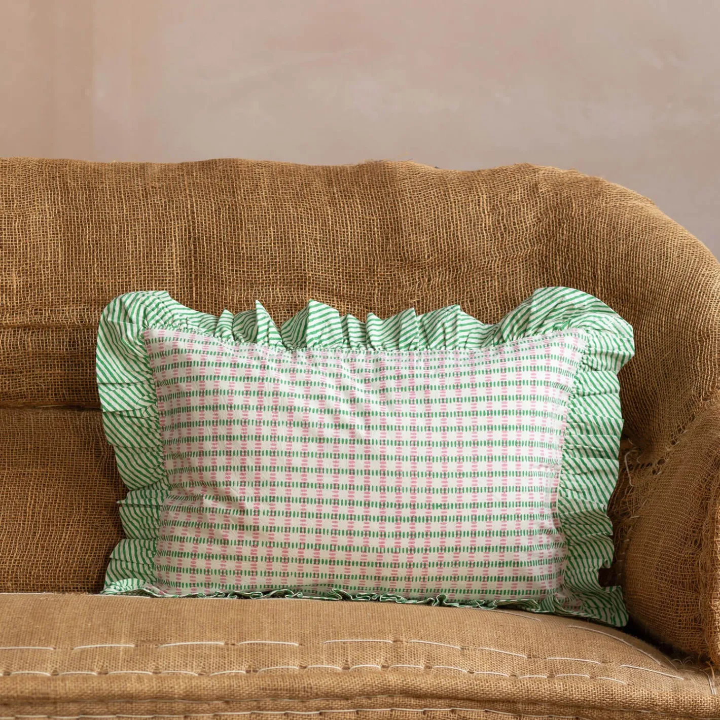 Graham & Green Sofa Cushions|Cushions<Sundae Green & Pink Frill Rectangular Cushion