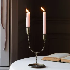 Graham & Green Candle Holders & Candles<Twisted Antiqued Brass Double Candle Holder
