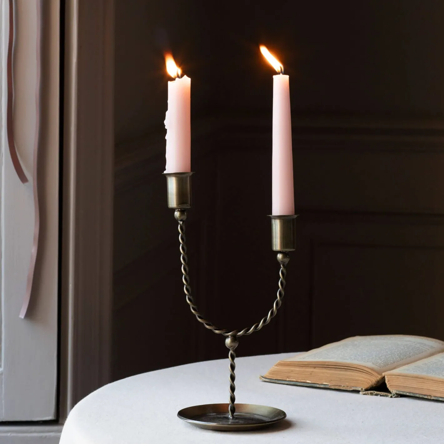 Graham & Green Candle Holders & Candles<Twisted Antiqued Brass Double Candle Holder