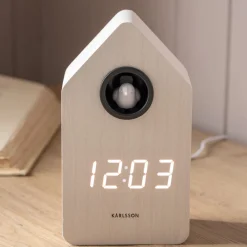 Graham & Green Clocks<White Wooden LED Cuckoo Alarm Clock