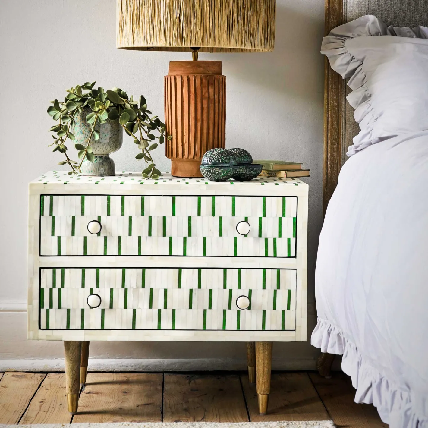 Graham & Green Bedside Tables<Zarina Green Stripe Bone Inlay Bedside Table